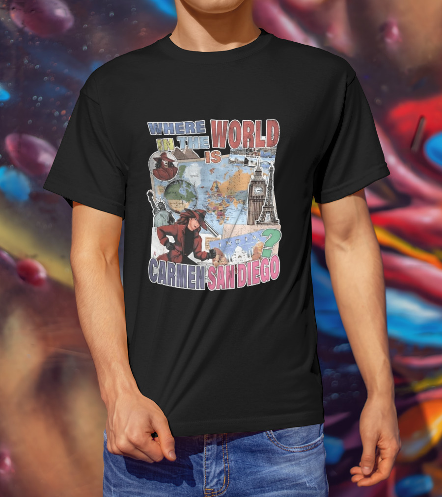 Where In The World Is Carmen Sandiego Map And Landmarks Collage T-Shirt