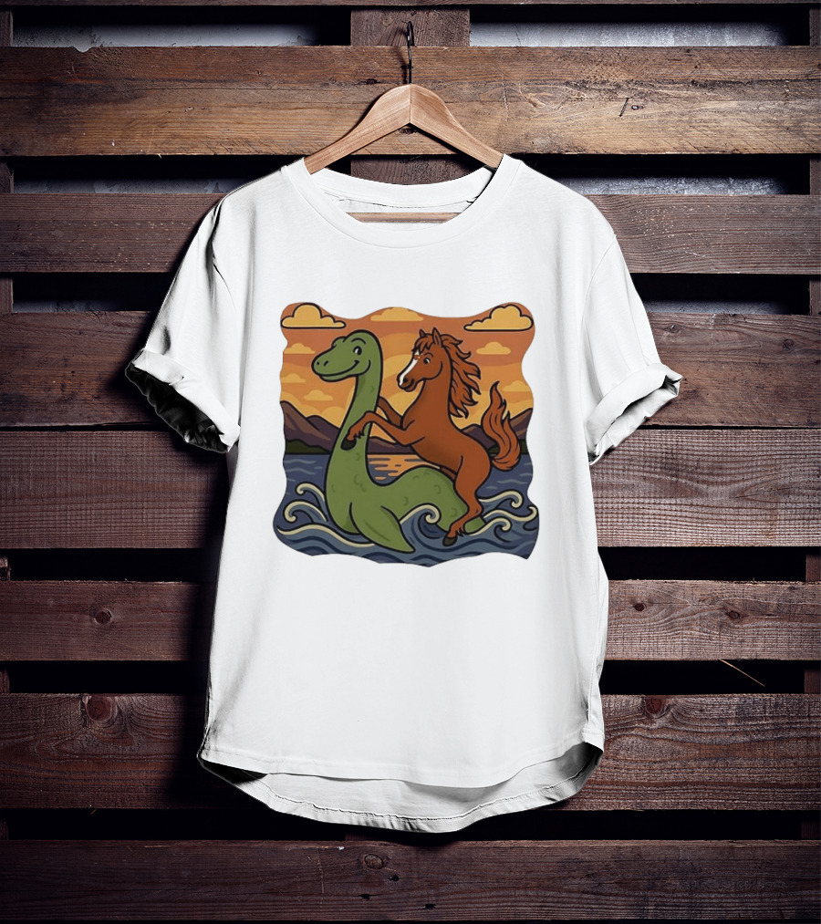 Playful Horse Riding Loch Ness Monster At Sunset Scene T-Shirt