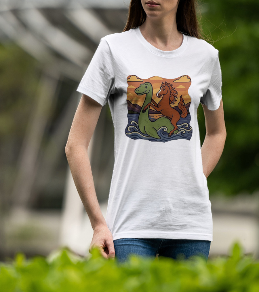 Playful Horse Riding Loch Ness Monster At Sunset Scene T-Shirt