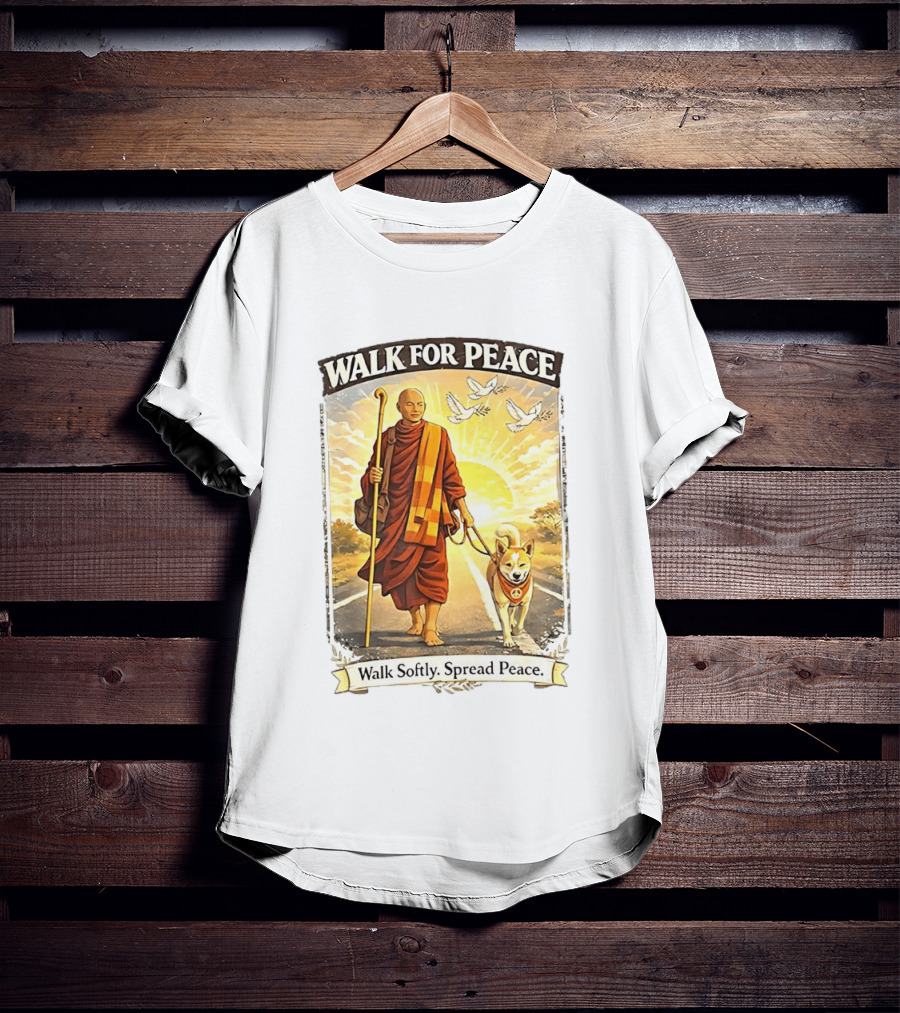 Walk For Peace Walk Softly Spread Peace Monks And Aloka The Peace Dog Doves Sun T-Shirt