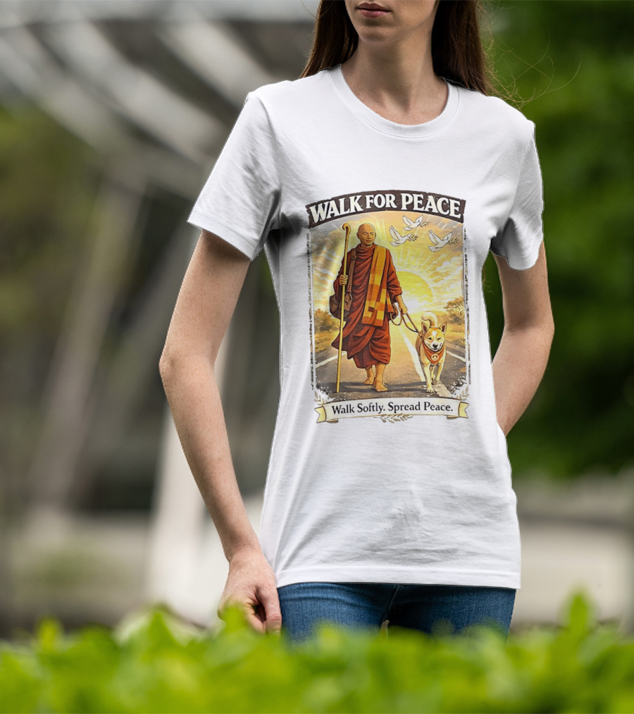 Walk For Peace Walk Softly Spread Peace Monks And Aloka The Peace Dog Doves Sun T-Shirt