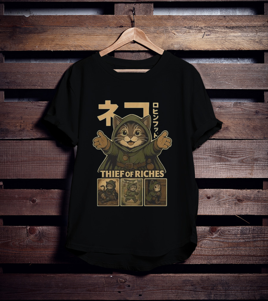 Cat Thief Of Riches Japanese Text Playful Robber T-Shirt