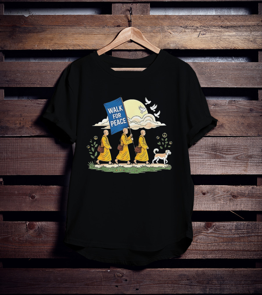 Walk For Peace Buddhist Monks And Dog Journey With Doves And Peace T-Shirt