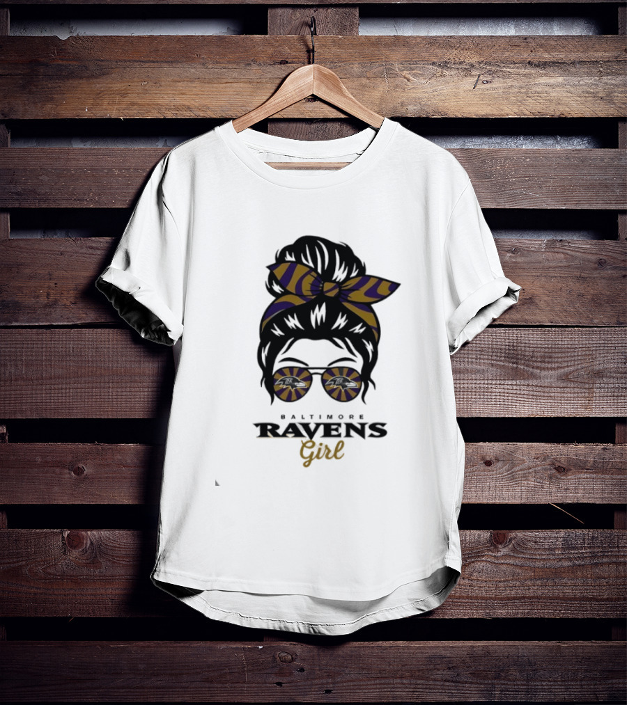 Baltimore Ravens Girl Messy Bun Glasses Bow Fan Gear T-Shirt