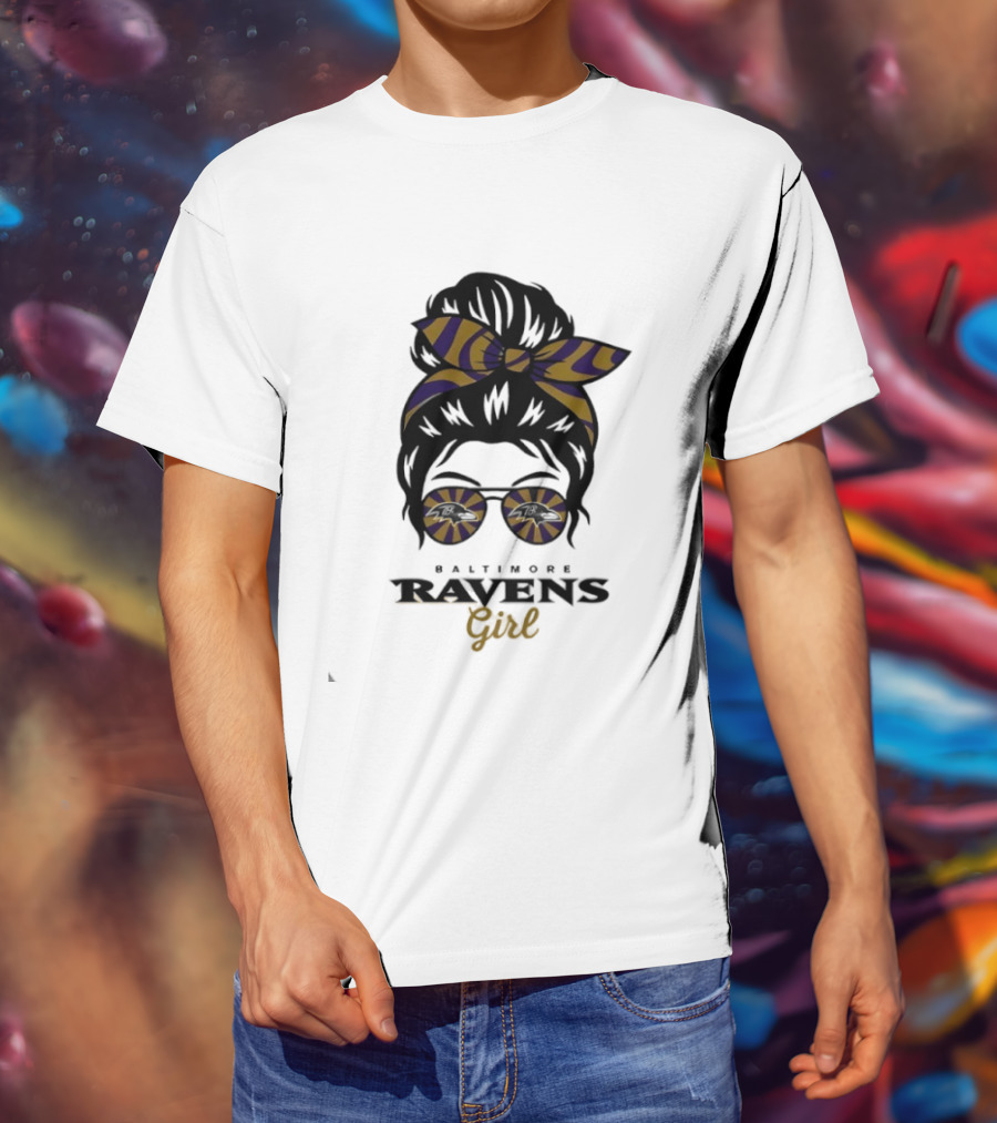 Baltimore Ravens Girl Messy Bun Glasses Bow Fan Gear T-Shirt