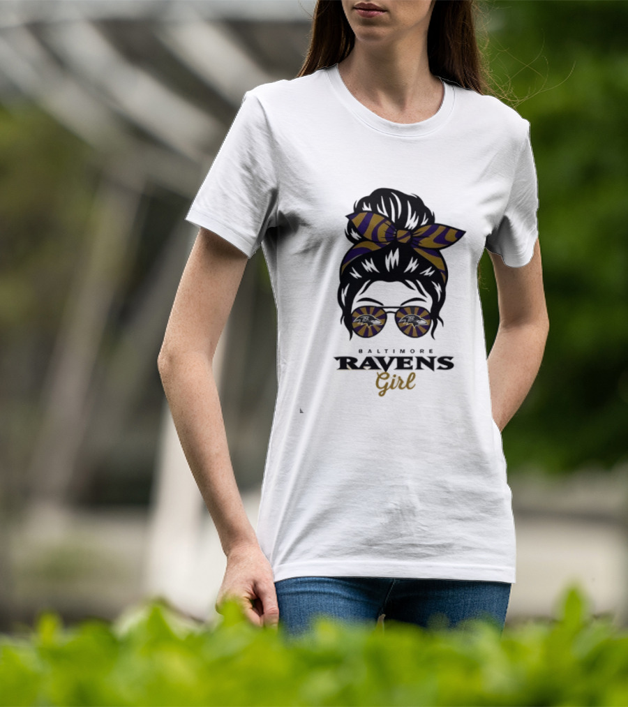 Baltimore Ravens Girl Messy Bun Glasses Bow Fan Gear T-Shirt