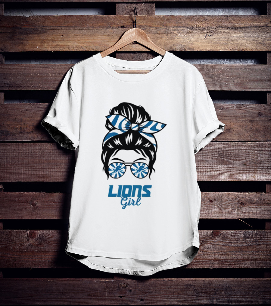 Detroit Lions Girl Glasses Messy Bun T-Shirt