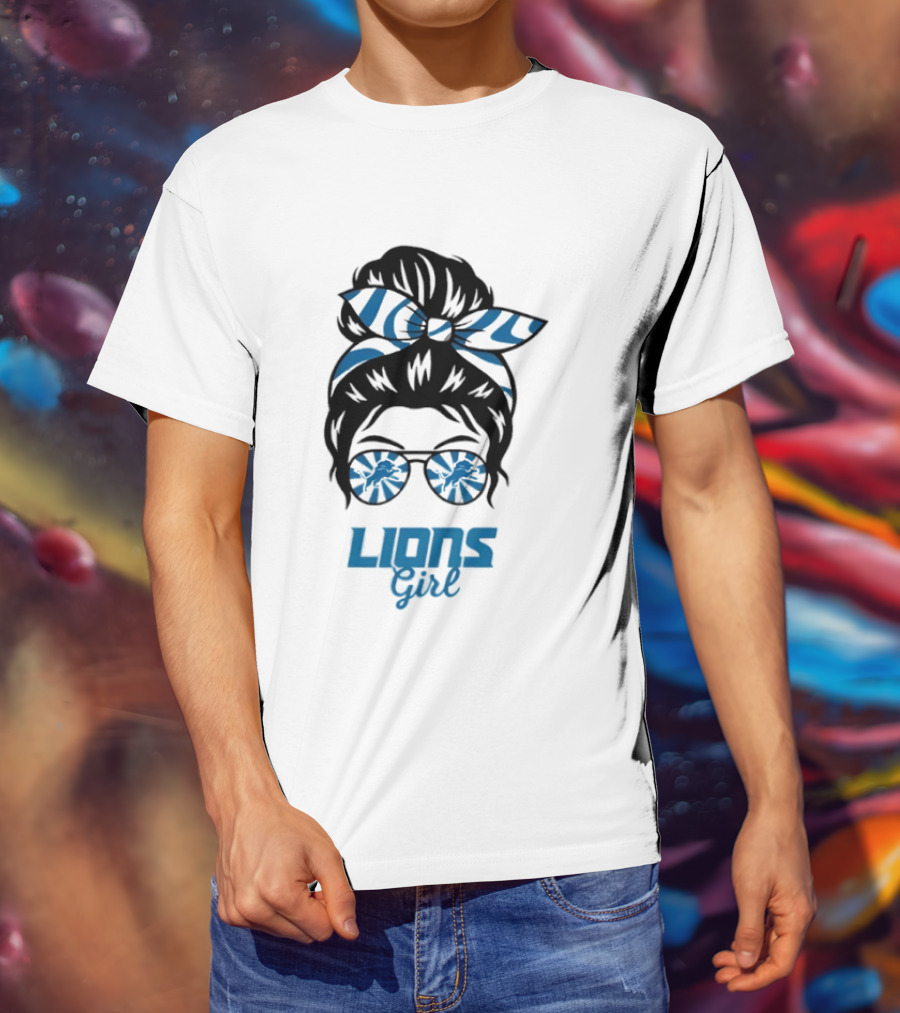 Detroit Lions Girl Glasses Messy Bun T-Shirt