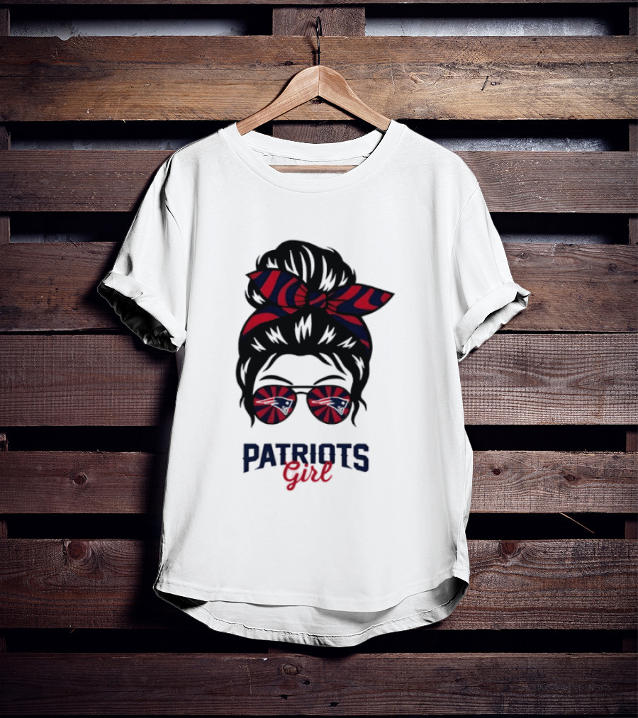 Patriots Girl Messy Bun Glasses Red Blue Bow Fan T-Shirt