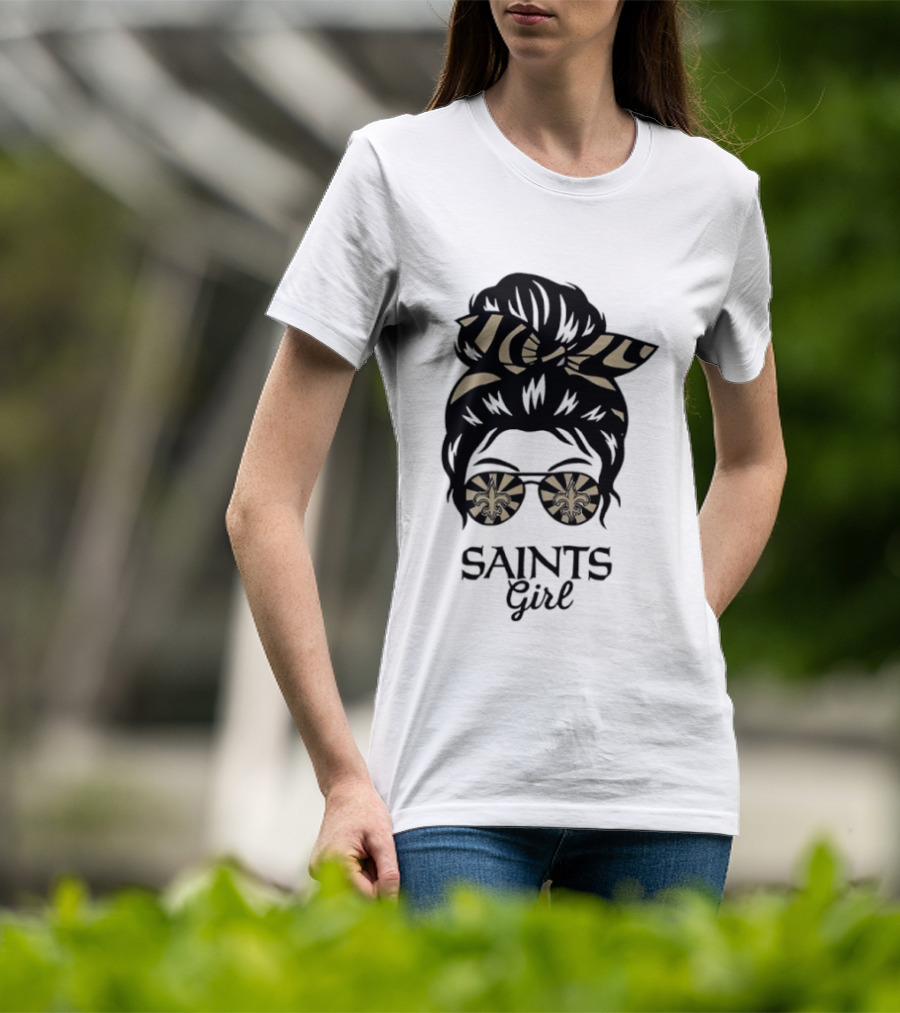 New Orleans Saints Girl Messy Bun Glasses Fleur De Lis Accessory T-Shirt