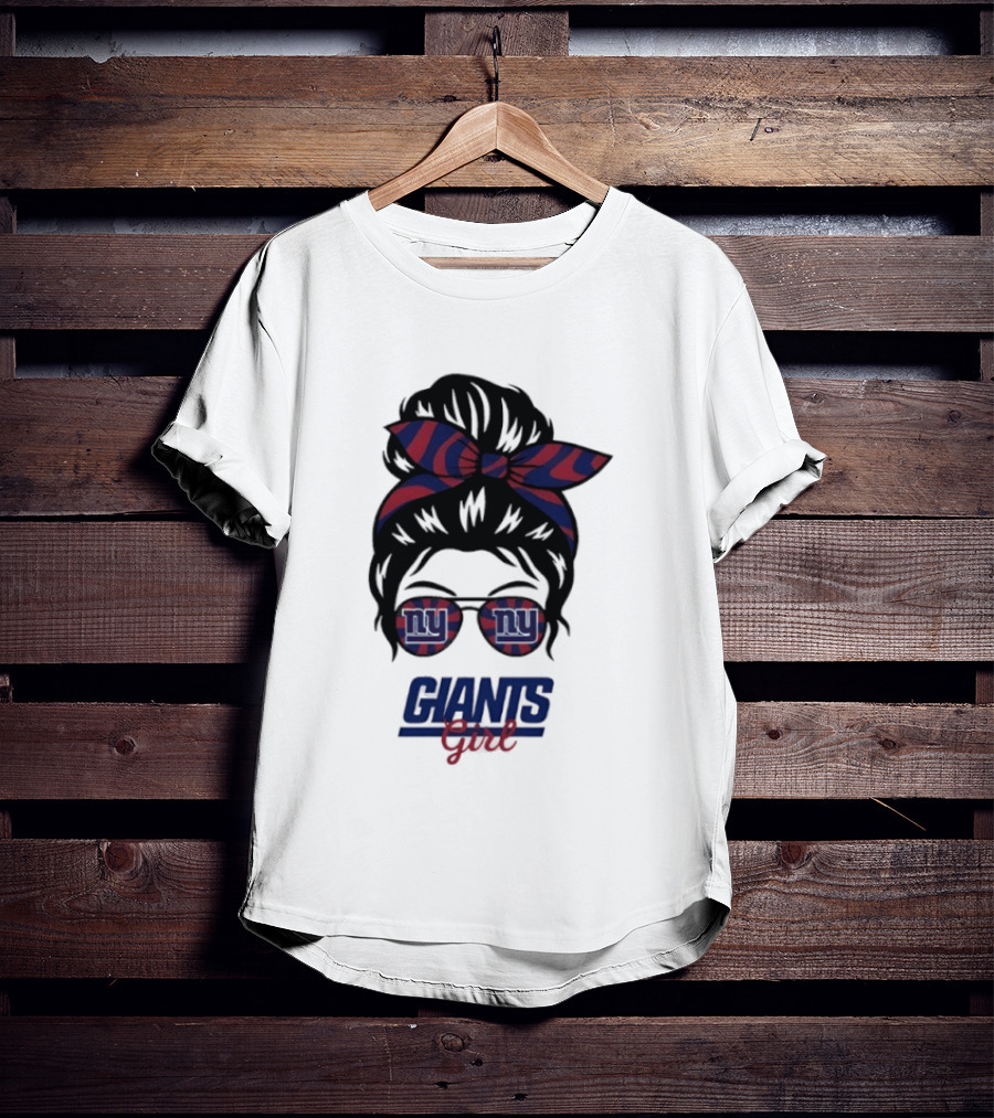 New York Giants Girl Messy Bun Glasses Bow T-Shirt