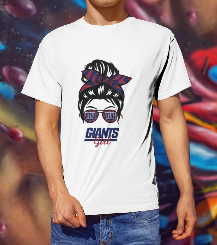 New York Giants Girl Messy Bun Glasses Bow T-Shirt