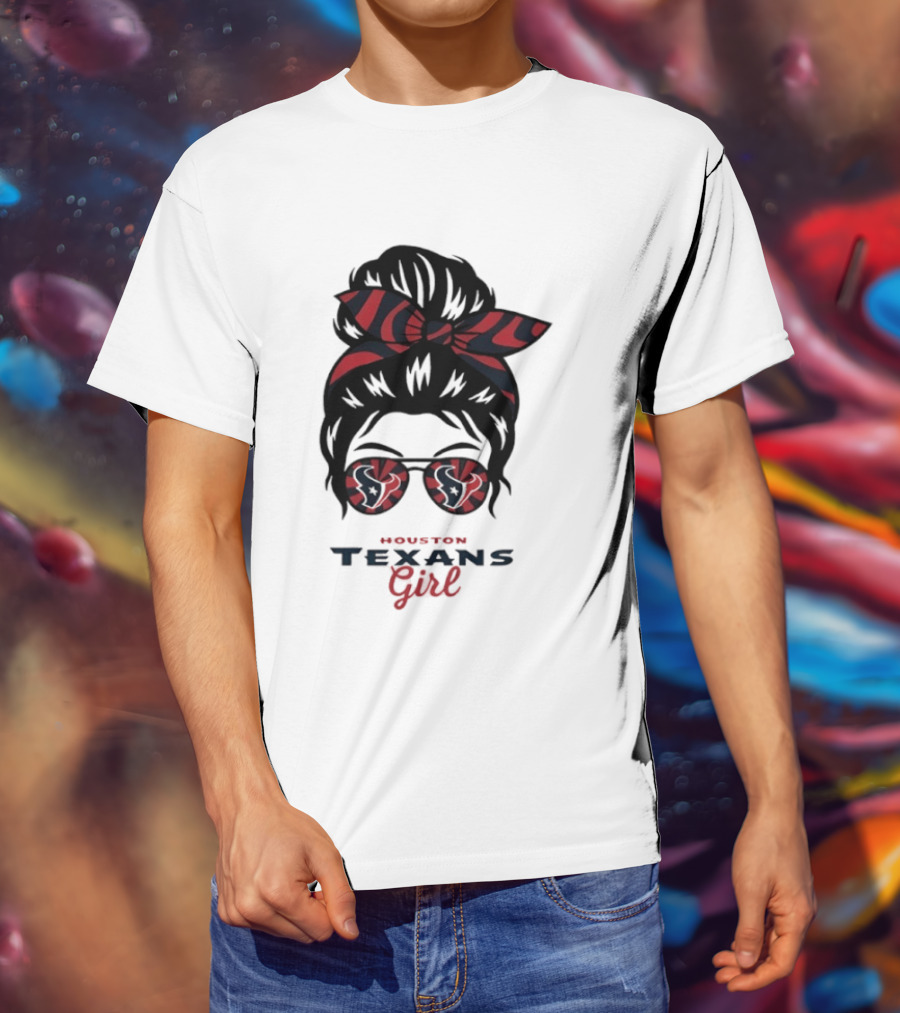 Houston Texans Girl Messy Bun Bow Sunglasses T-Shirt