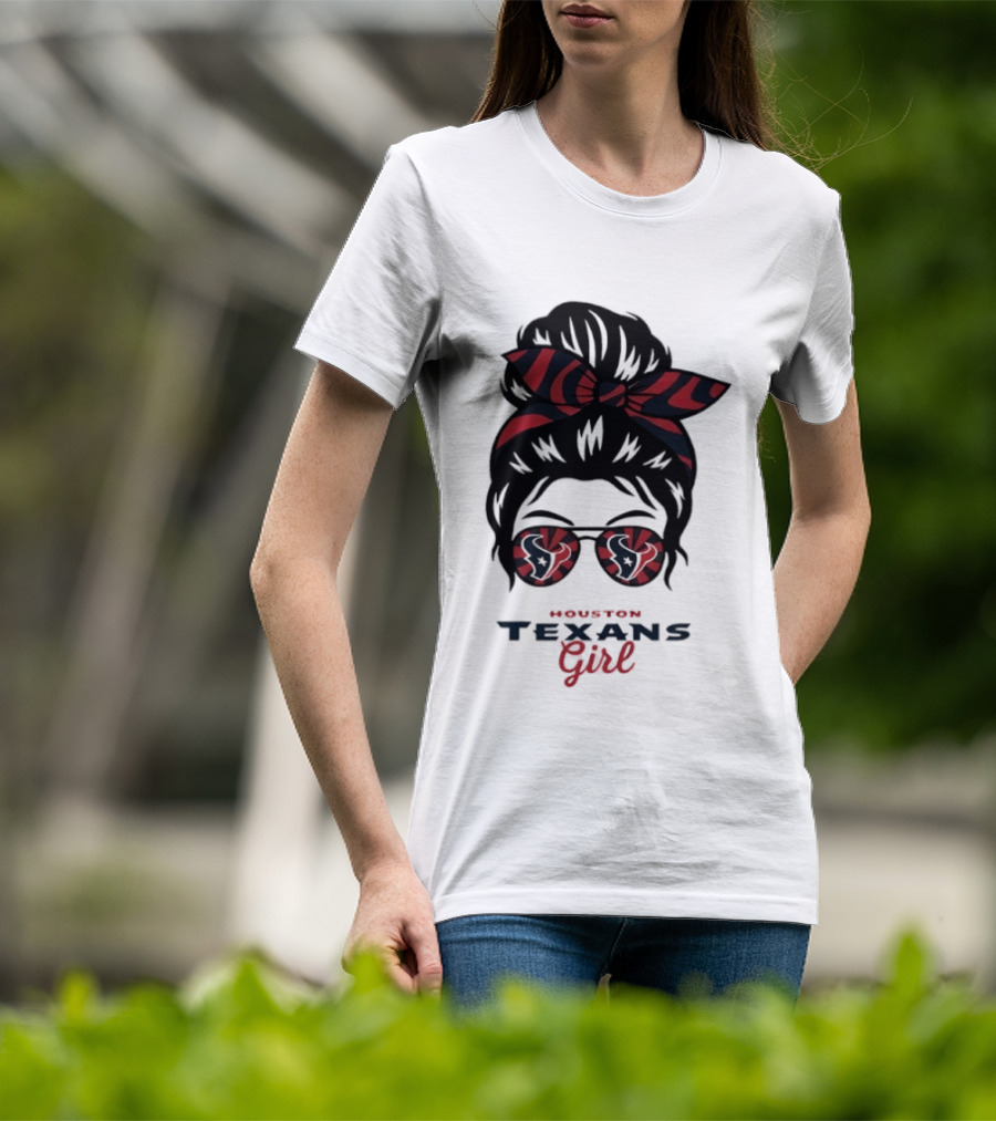 Houston Texans Girl Messy Bun Bow Sunglasses T-Shirt