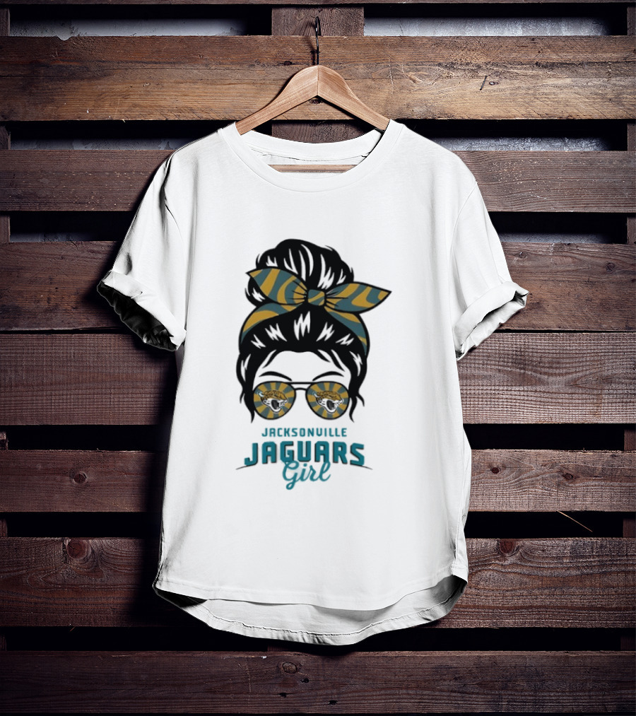 Jacksonville Jaguars Girl Messy Bun Glasses Bow Fan Spirit T-Shirt