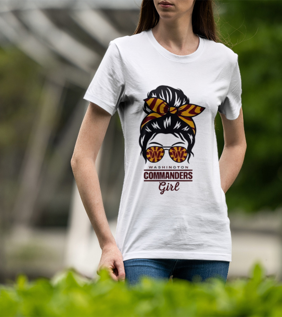 Washington Commanders Girl Messy Bun Glasses Football Fan T-Shirt