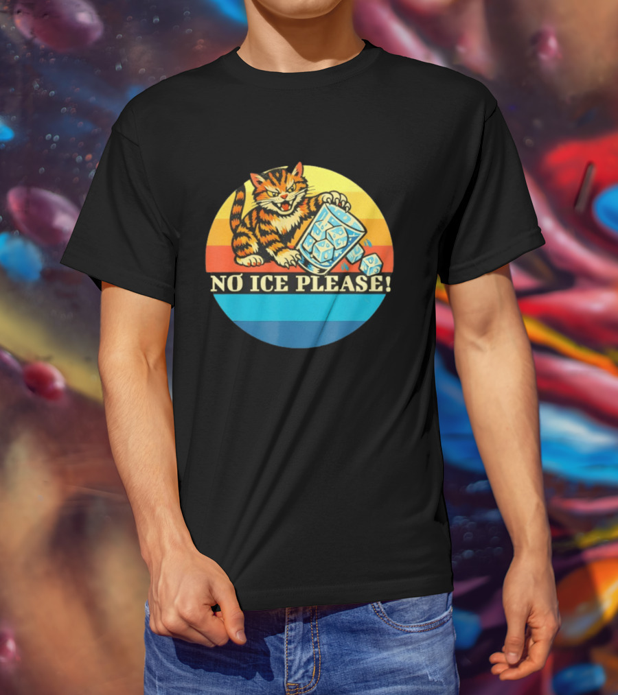 No Ice Please Cat Cartoon Rainbow Stripes T-Shirt