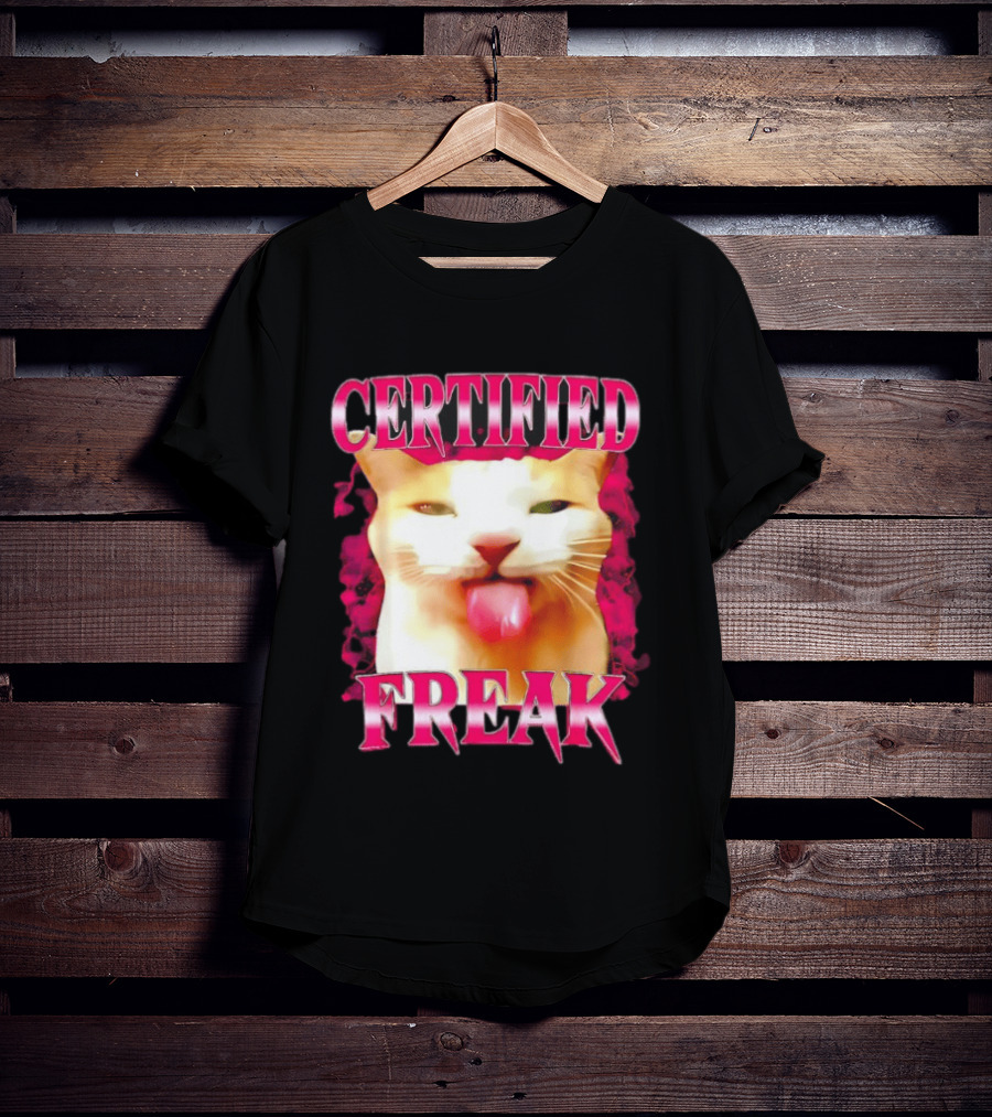 Certified Freak Cat Tongue Out Pink Edge T-Shirt