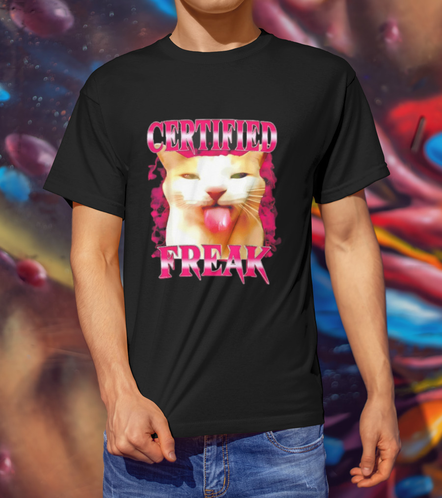 Certified Freak Cat Tongue Out Pink Edge T-Shirt