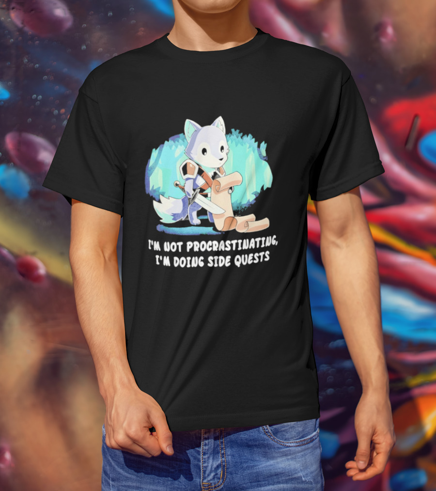 I'm Not Procrastinating I'm Doing Side Quests Cute Fantasy Wolf Cartoon T-Shirt