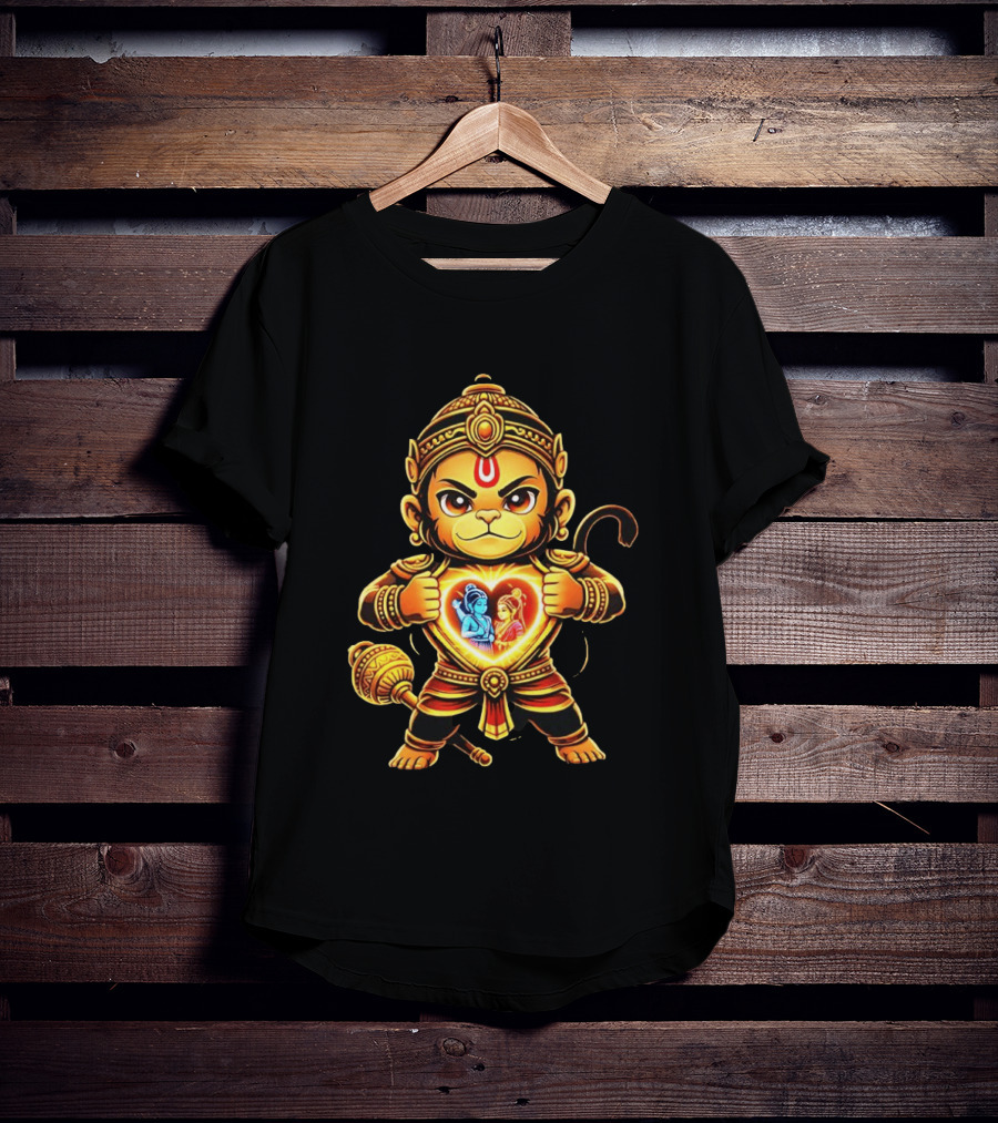 Hanumanji Hanuman Hindu Monkey God Devotee Illustration With Heart Symbol And Ram Sita T-Shirt