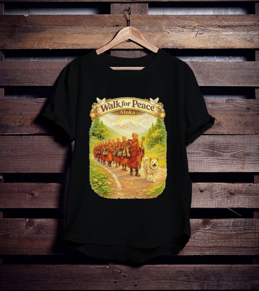 Walk For Peace Aloka Monks With Dog In Nature Trail T-Shirt