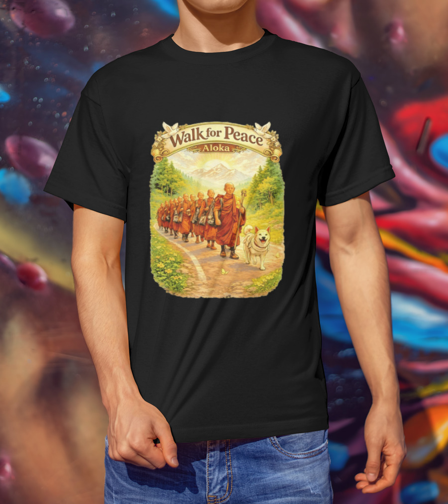 Walk For Peace Aloka Monks With Dog In Nature Trail T-Shirt