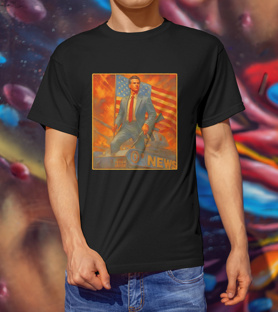 Gavin Newsome Tank Patriotic Flag Rifle News Scene T-Shirt