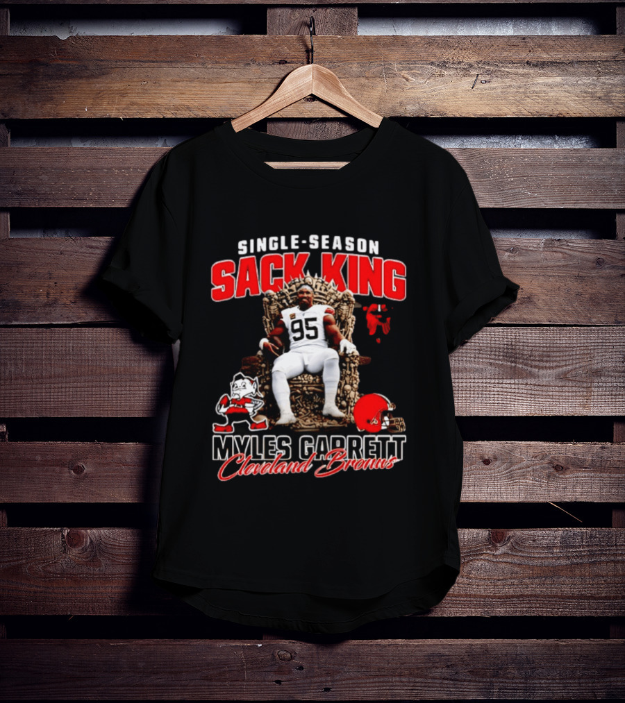 Single Season Sack King Myles Garrett Cleveland Browns 95 Throne Motif T-Shirt