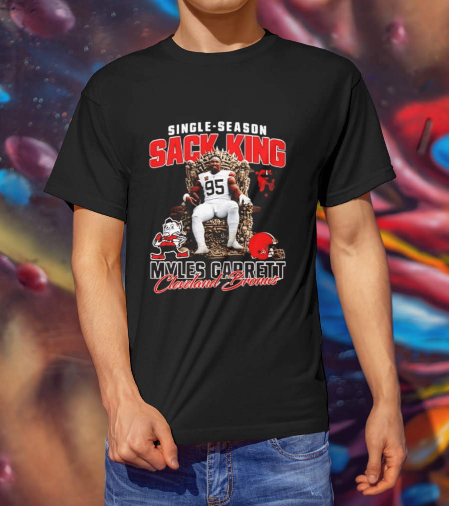 Single Season Sack King Myles Garrett Cleveland Browns 95 Throne Motif T-Shirt