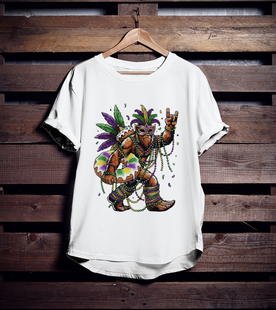 Mardi Gras Bigfoot King Rock And Roll Hand Beads Cake Donut T-Shirt