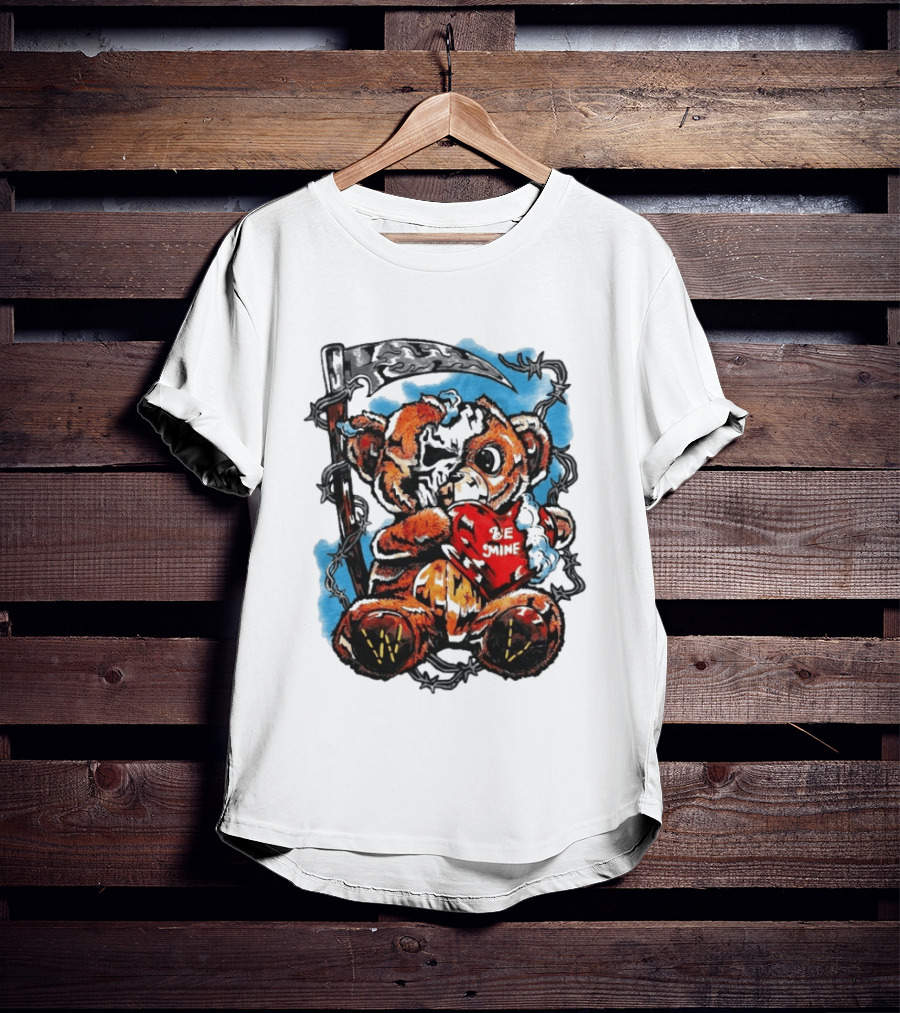 Warren Lotas Be Mine Teddy Grim Reaper Barbed Wire Valentine Scythe T-Shirt