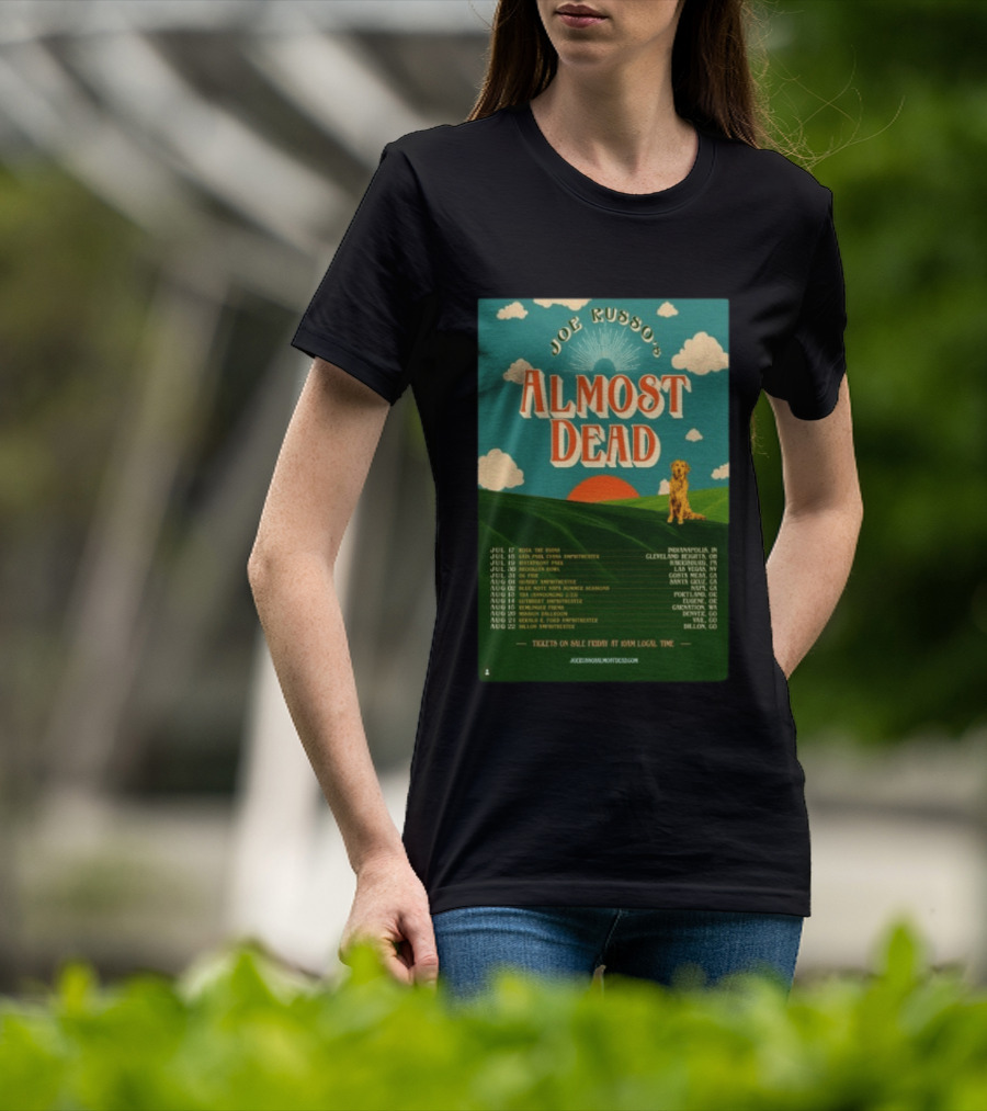 Joe Russo's Almost Dead Summer Tour 2026 Dates Red Sun Dog And Cloudy Sky T-Shirt