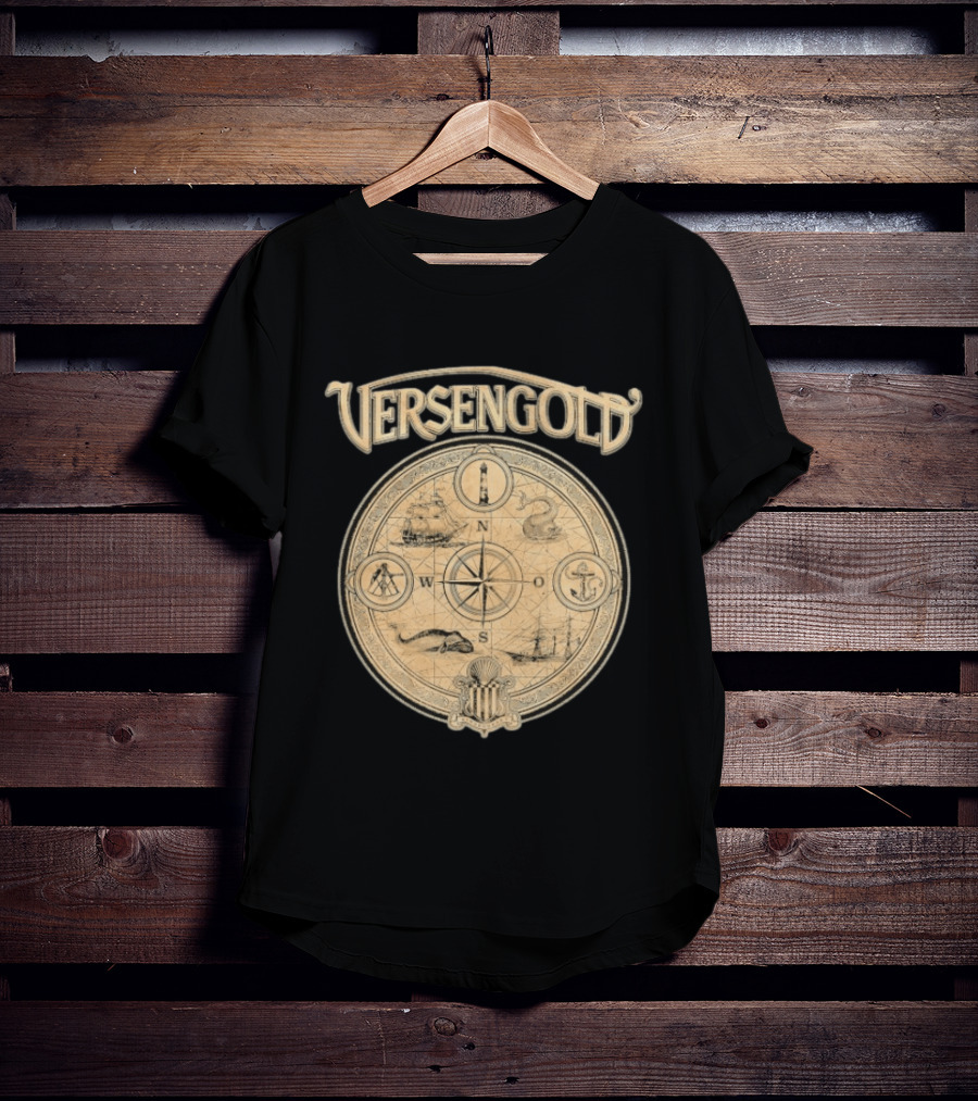Versengold Nautical Compass Map With Ship Whale Anchor Lighthouse Chart T-Shirt