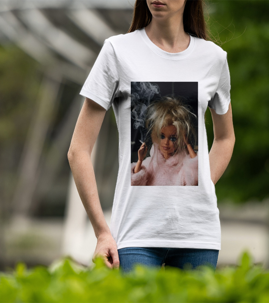Cigarette Smoking Barbie Doll In Pink Fur Coat T-Shirt