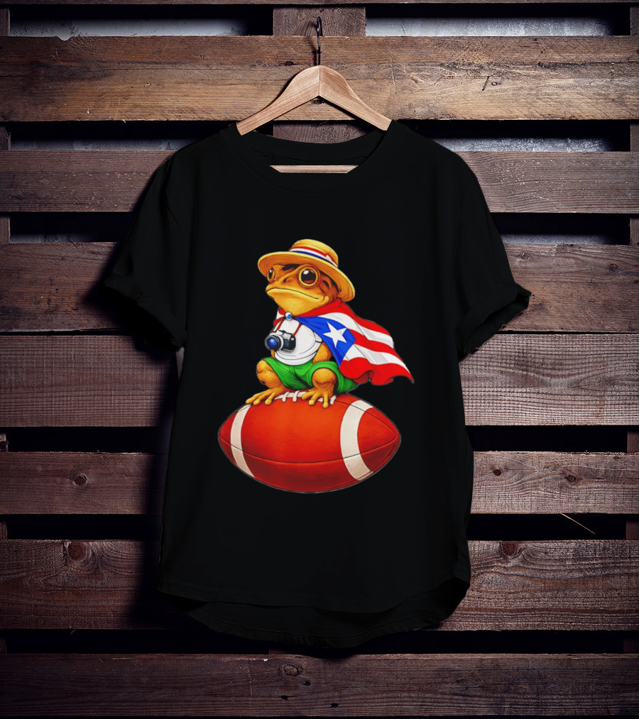 Puerto Rico Coqui Frog With Hat And Flag Sitting On Football T-Shirt