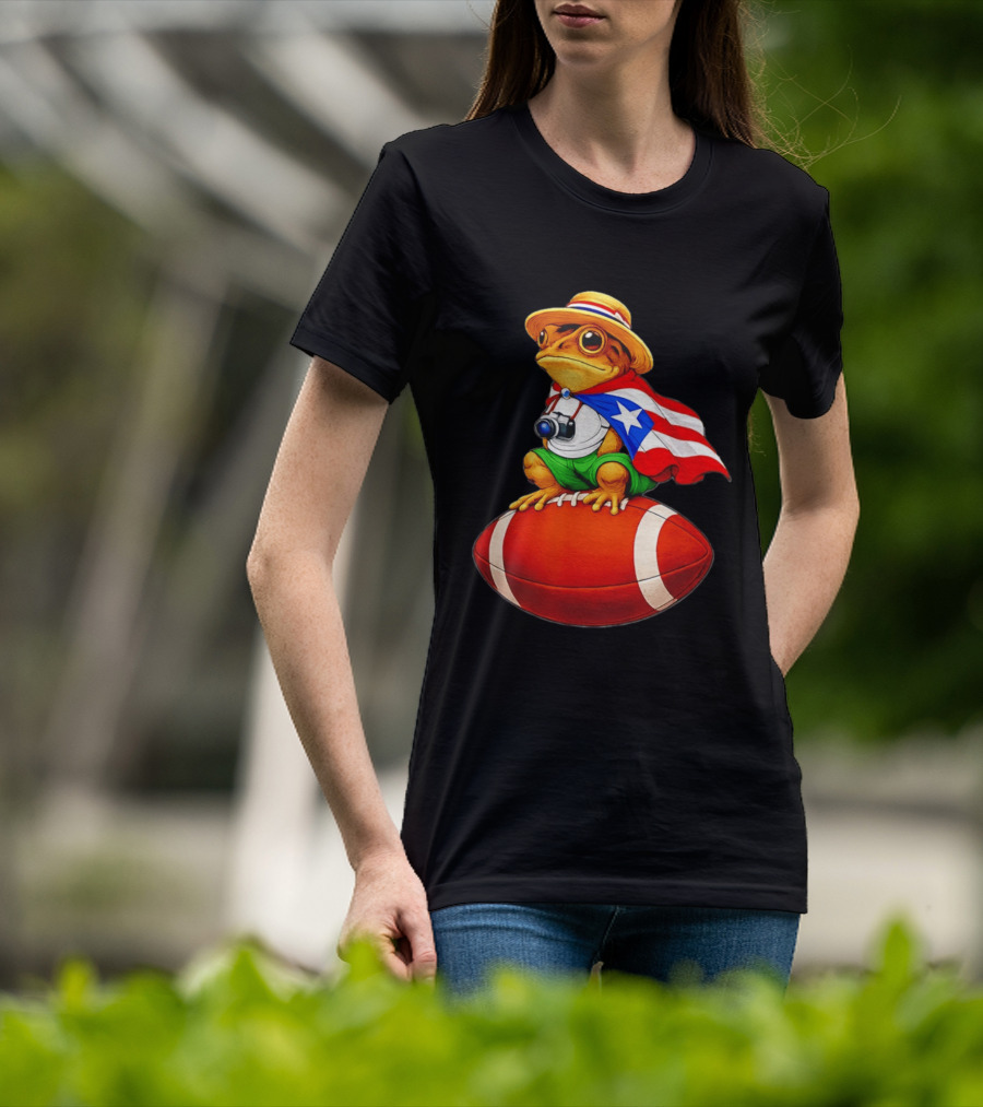 Puerto Rico Coqui Frog With Hat And Flag Sitting On Football T-Shirt