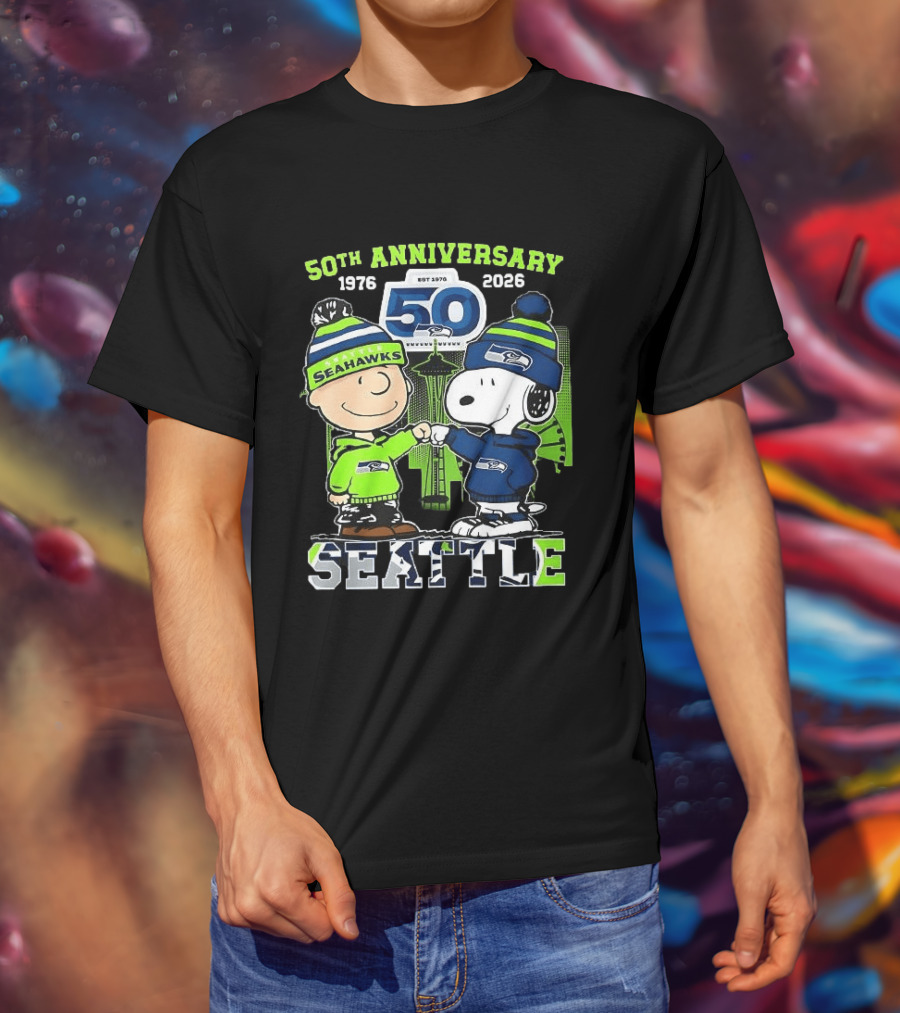 Seattle Seahawks 50th Anniversary 1976 2026 Charlie Brown Snoopy T-Shirt