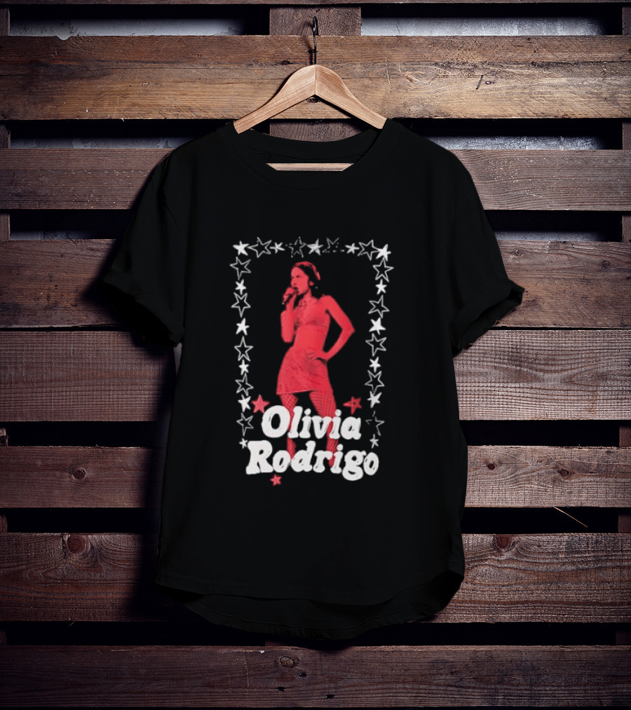 Olivia Rodrigo Star Pose Framed With Vibrant Red Highlights T-Shirt