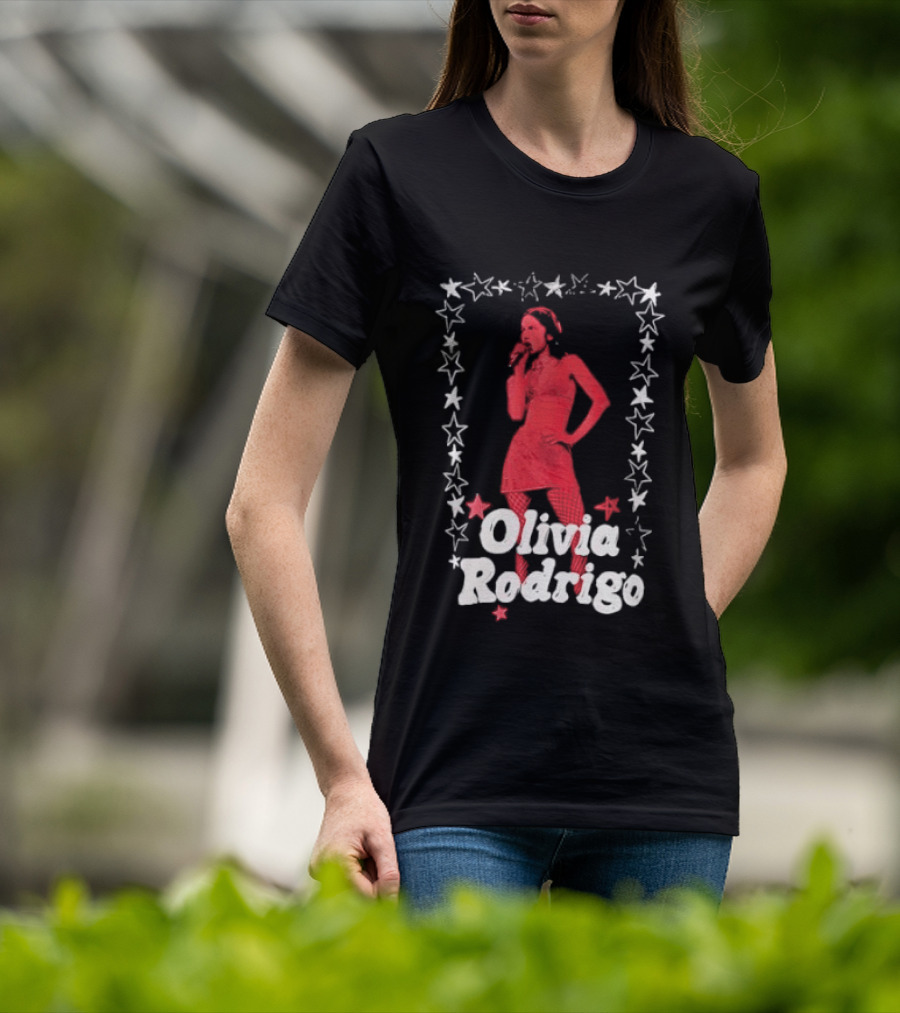 Olivia Rodrigo Star Pose Framed With Vibrant Red Highlights T-Shirt