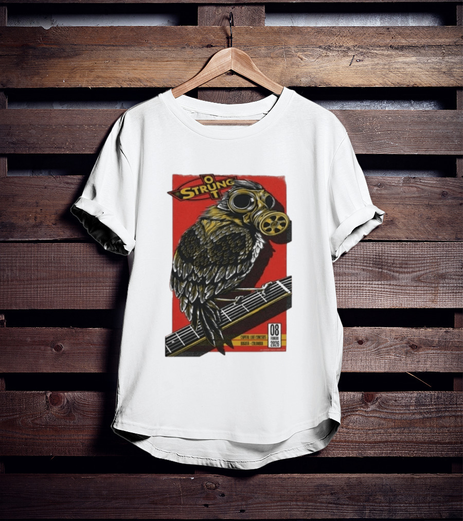Strung Out Feb 8 2026 Bogota Colombia Bird Gas Mask Concept Concert Tour T-Shirt