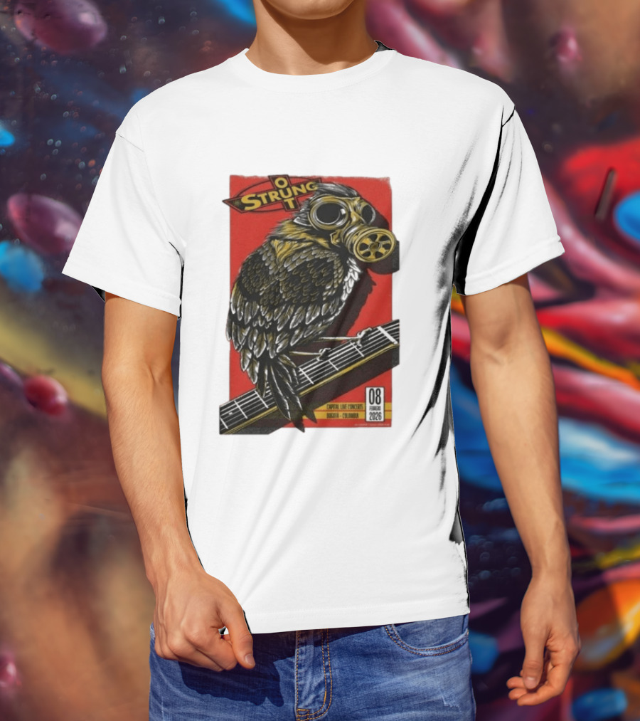 Strung Out Feb 8 2026 Bogota Colombia Bird Gas Mask Concept Concert Tour T-Shirt