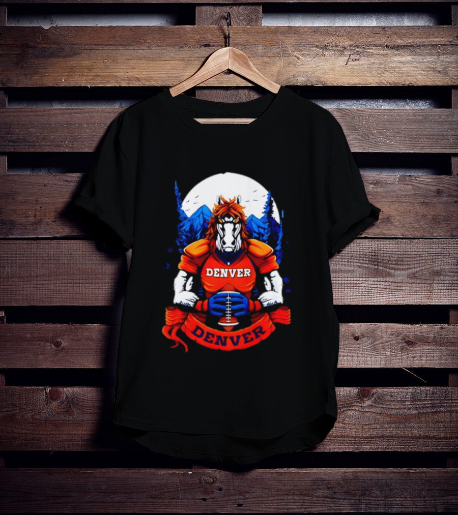 Denver Broncos Wild Horse Football Player With Mountains And Trees T-Shirt