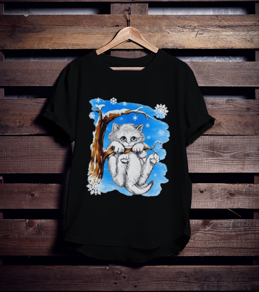 Hang In There Baby Cat In Snow With Snowflakes And Blue Sky T-Shirt