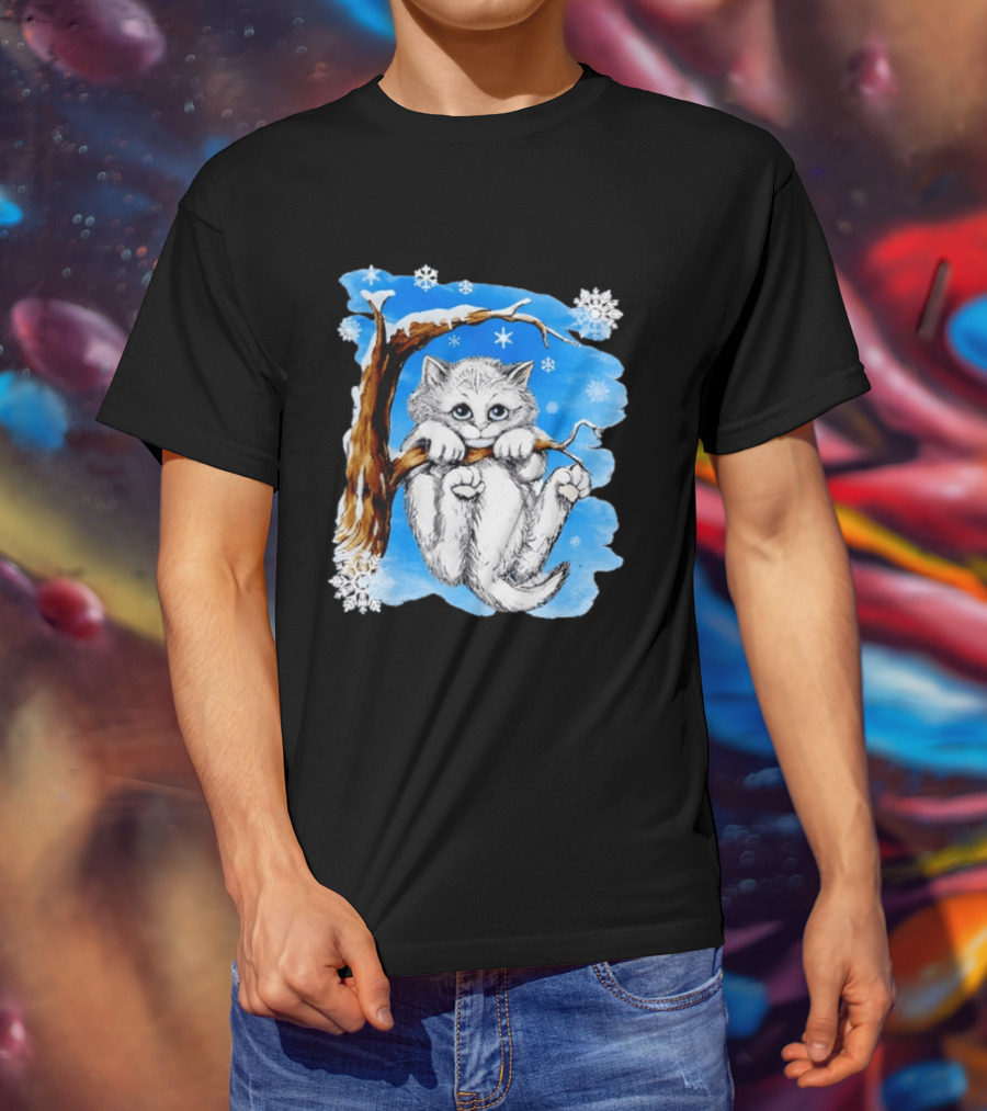 Hang In There Baby Cat In Snow With Snowflakes And Blue Sky T-Shirt