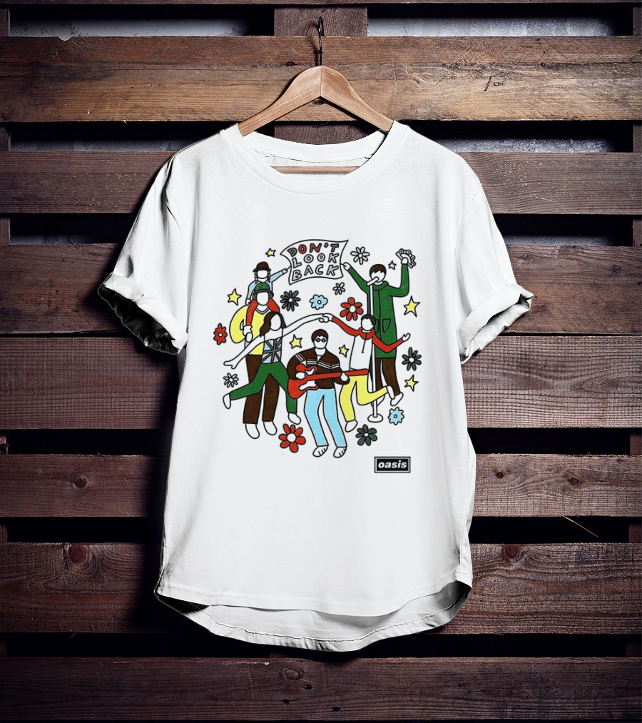 Oasis Don't Look Back Band Scene With Instruments And Flowers T-Shirt