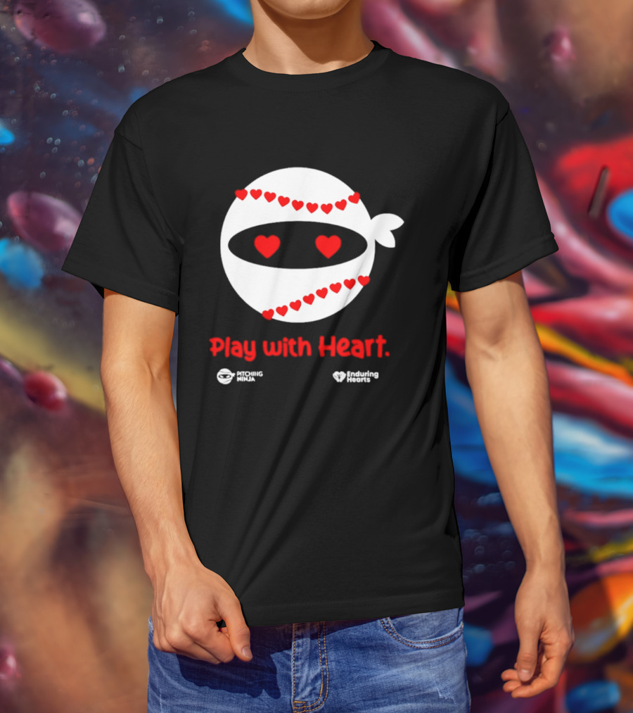 Pitching Ninja Play With Heart Red Love Hearts Baseball T-Shirt