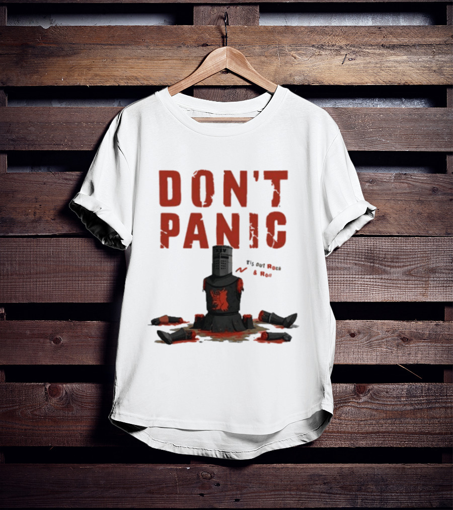 Don't Panic Monty Python Black Knight Sitting In Limbs T-Shirt