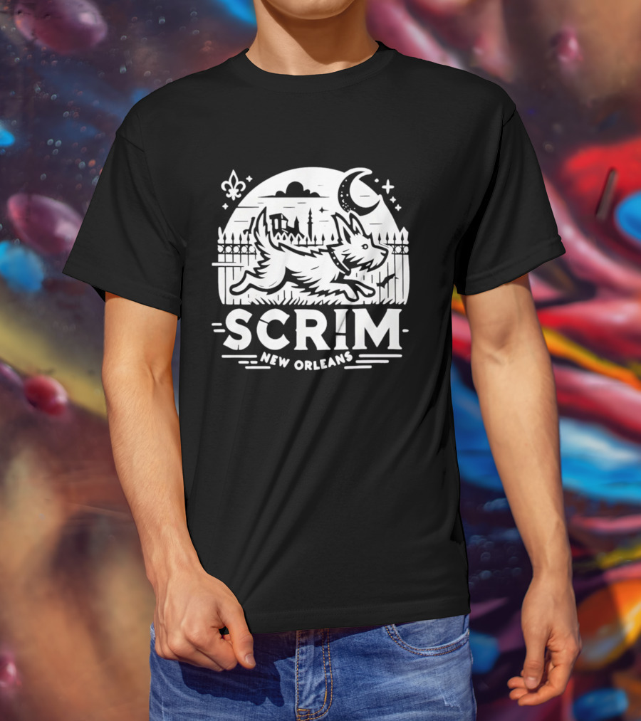 New Orleans Scrim Houdini Hound Live Free Or Bark Trying Moonlit Skyline T-Shirt