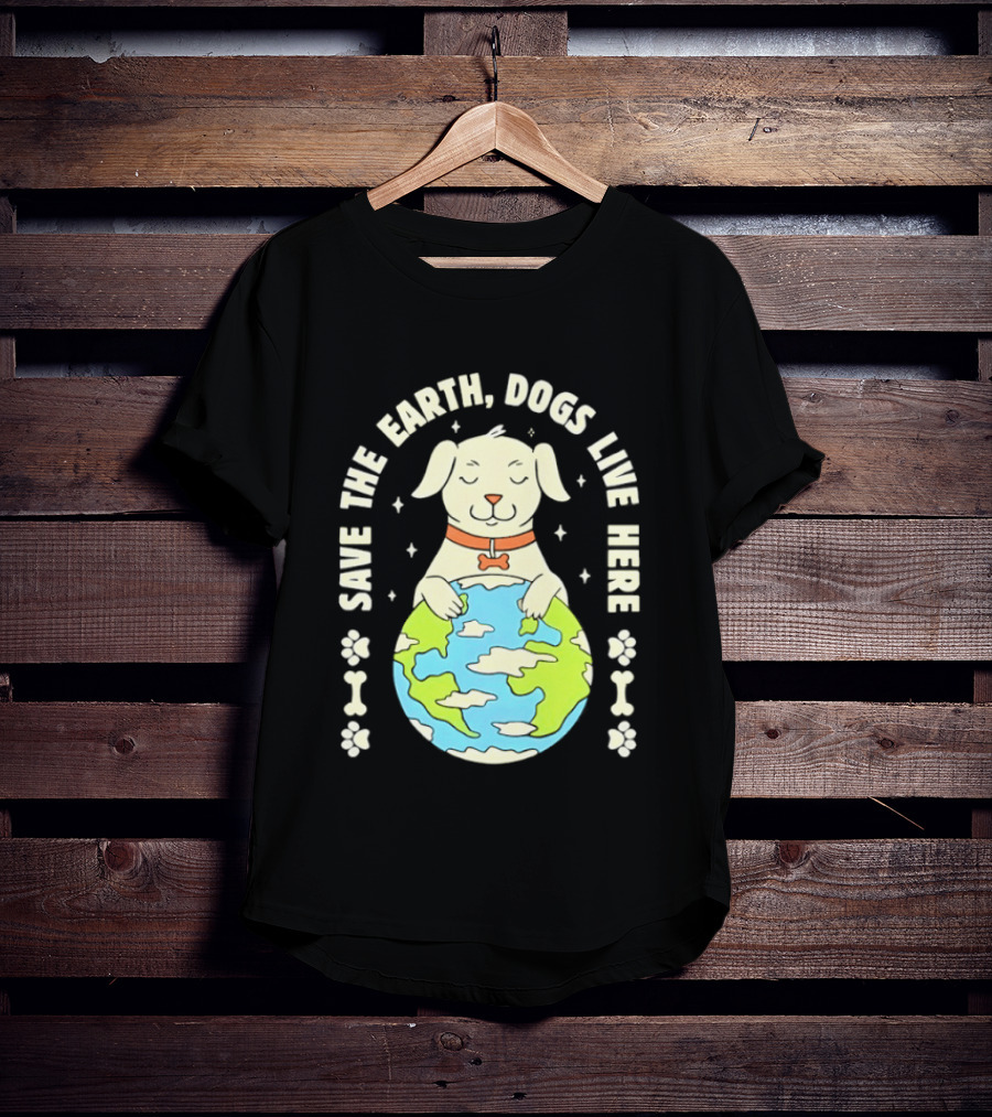 Save The Earth Dogs Live Here Puppy Hugging Globe Eco Friendly Paw Prints T-Shirt